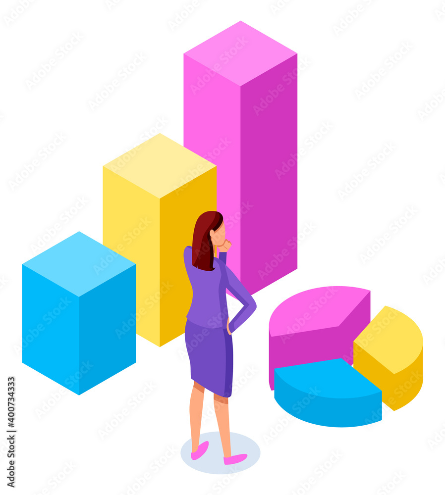 Information business statistics and digital indicator element infographics template. Woman standing near diagram consisting of vertical columns rectangular bar and pie chart vector. Step growing chart Information business statistics and digital indicator element infographics template. Woman standing near diagram consisting of vertical columns rectangular bar and pie chart vector. Step growing chart