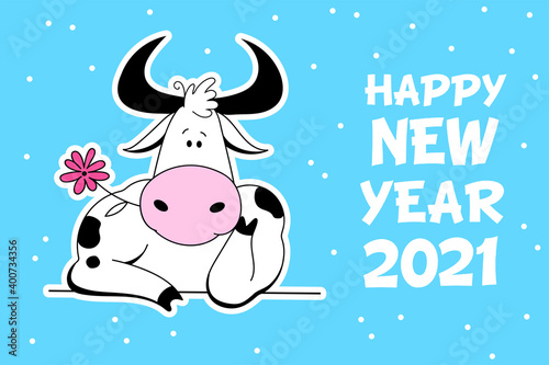 Vector Ox. Hand drawn cute bull 2021 new year card. Chinese year symbol