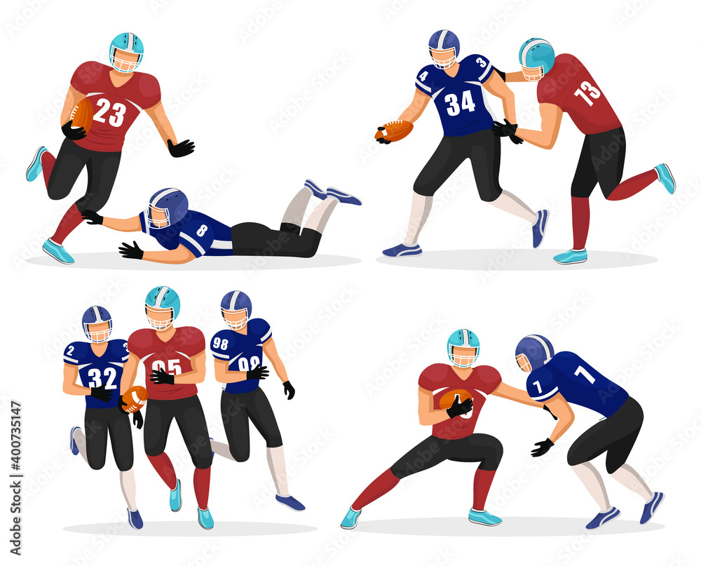 Naklejka Collection of gridiron players. Set of people playing american football split into teams. Footballers with ball trying to win match. Male characters isolated groups of members. Vector in flat