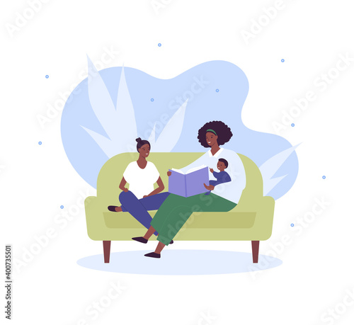 Family happy life concept. Books reading and bonding. Vector flat people illustration. African american mother with teenager daughter and baby son sitting on couch and read book.