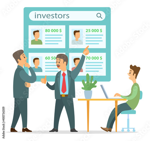 Cartoon joyful businessmen discuss investments, guy sits at desk with laptop and listens to men. On large gray-blue stand information about investors, sums of money. Financial investment and savings