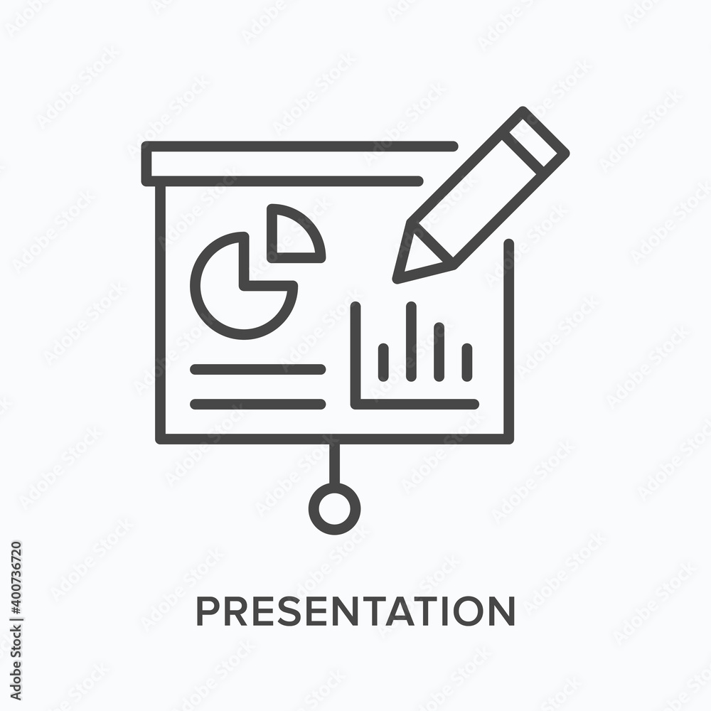 Presentation flat line icon. Vector outline illustration of screen with graph and pen. Infographic design black thin linear pictogram for business report - obrazy, fototapety, plakaty 