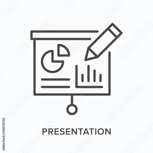 Presentation flat line icon. Vector outline illustration of screen with graph and pen. Infographic design black thin linear pictogram for business report