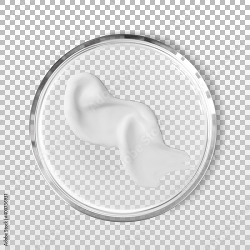 Glass petri dish with wavy cosmetic cream stroke smear isolated realistic vector illustration. Concept laboratory tests and research
