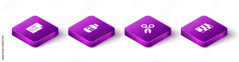 Set Isometric Document with graph chart, Printer ink bottle, Scissors and Pantone icon. Vector. Set Isometric Document with graph chart, Printer ink bottle, Scissors and Pantone icon. Vector.
