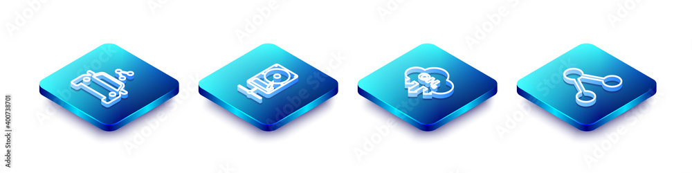Set Isometric line Car sharing, Hard disk drive on network, Methane emissions reduction and Share icon. Vector. Set Isometric line Car sharing, Hard disk drive on network, Methane emissions reduction and Share icon. Vector.