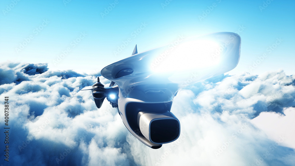 Futuristic sci fi ship flying in the clouds. 3d rendering. Futuristic sci fi ship flying in the clouds. 3d rendering.