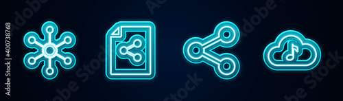 Set line Network, Share file, and Music streaming service. Glowing neon icon. Vector.