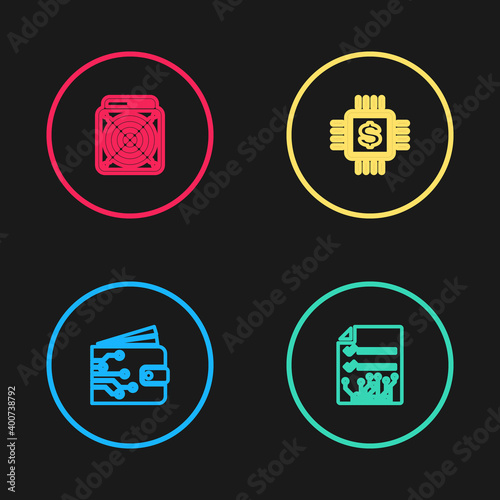Set line Cryptocurrency wallet, Smart contract, Processor chip with dollar and ASIC Miner icon. Vector.