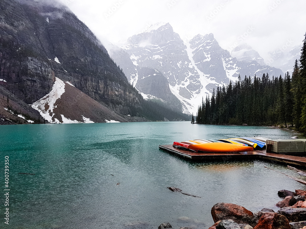 Moraine lake during a rainy day