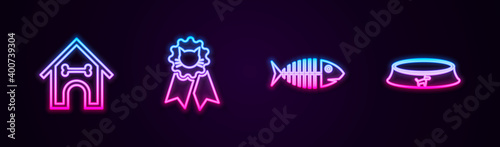 Set line Dog house and bone, Cat award symbol, Fish skeleton and Pet food bowl. Glowing neon icon. Vector.