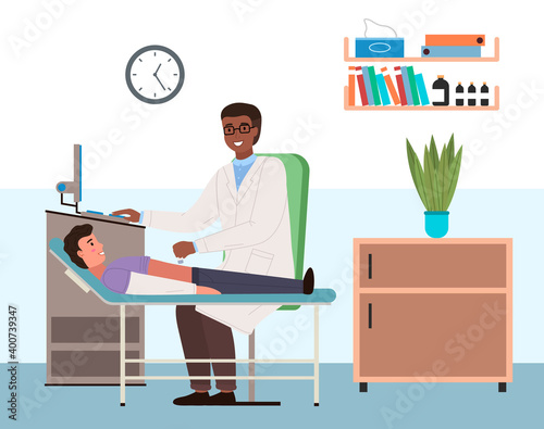 Doctor conducts an ultrasound of patient s abdominal cavity. Gastroenterologist examines the state of health. Physician works with special equipment. People in the office of a gastroenterologist