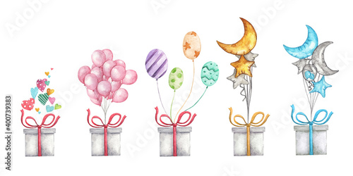 Cute watercolor romantic illustration set of design elements for Valentine's Day. Gift box with balloons.
