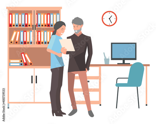 Business meeting colleagues or partners. Businesspeople communicating, managers discuss new project and marketing strategy. Man and woman holding paper sheet talking at a table in the office space