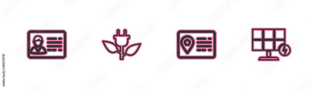 Set line Identification badge, Address book, Electric saving plug in leaf and Solar energy panel icon. Vector. Set line Identification badge, Address book, Electric saving plug in leaf and Solar energy panel icon. Vector.