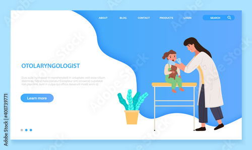 App for communication with healthcare professionals. Web for consultation with otolaryngologist. Program landing page template. Baby sits with teddy bear. Pediatrician examines patient s oral cavity