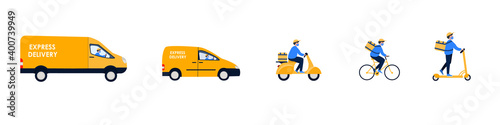 Delivery set. Online delivery service concept. Order tracking, delivery home and office. Truck, car, electronic scooter, bicycle, motorbike courier, delivery man in medical mask. Vector illustration.