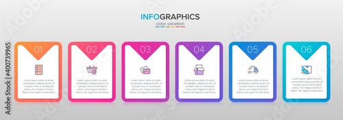 Concept of shopping process with 6 successive steps. Six colorful graphic elements. Timeline design for brochure, presentation, web site. Infographic design layout.