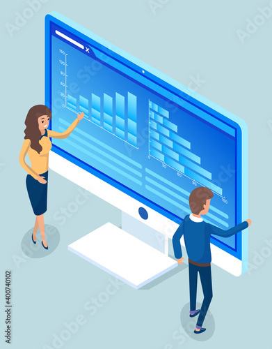 Man and woman stand near personal computer. Electronic device with statistics graphs on display. Coworkers discussing about information on screen at office. Vector illustration in flat style