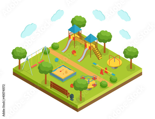 Isometric big kid playground on white background, vector illustration