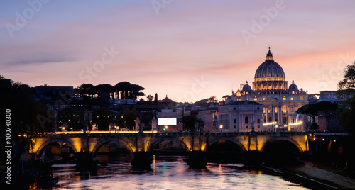 Panoramic in the Night view at St. Peter's cathedral in Rome, Italy