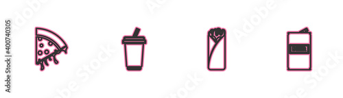 Set line Slice of pizza, Burrito, Glass with water and Beer can icon. Vector.
