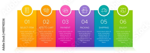 Concept of shopping process with 6 successive steps. Six colorful graphic elements. Timeline design for brochure, presentation, web site. Infographic design layout.