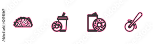 Set line Taco with tortilla, Aluminum can soda and donut, Soda drink and Pizza knife icon. Vector.