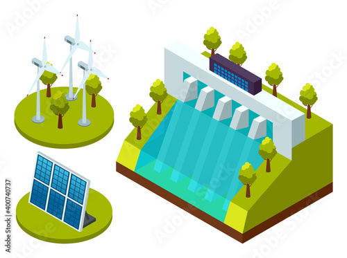 Green energy an eco friendly modern technology. Solar, wind, hydroelectric alternative power. Clean energy and electricity concept vector illustration. Environmental protection from harmful emissions
