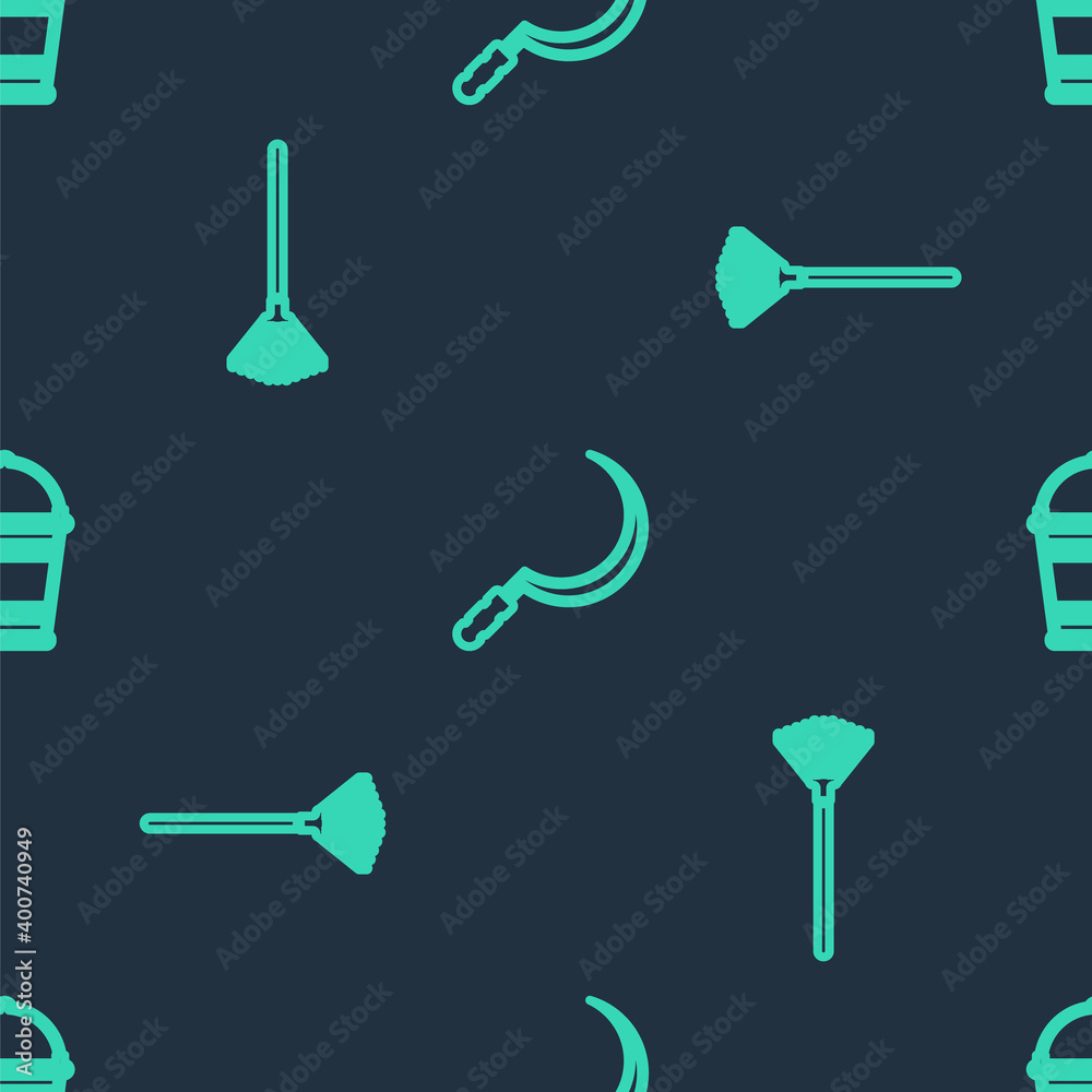 Set line Sickle, Garden rake for leaves and Bucket on seamless pattern. Vector. Set line Sickle, Garden rake for leaves and Bucket on seamless pattern. Vector.