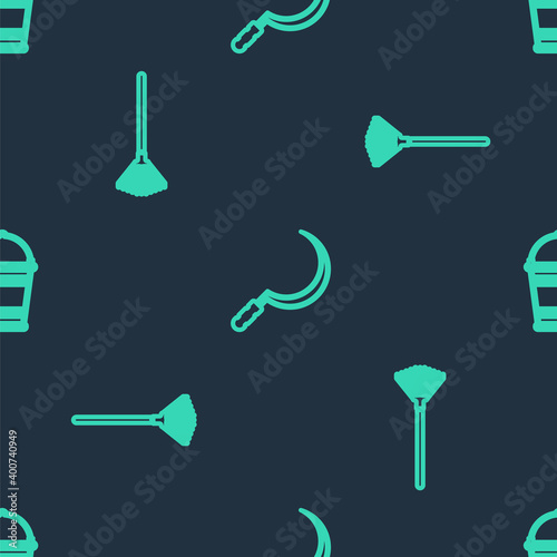 Set line Sickle, Garden rake for leaves and Bucket on seamless pattern. Vector.