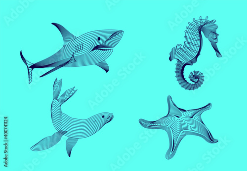 Set marine graphic animals. The starfish  shark  sea horse  seal consist of lines.Digital elements design  for business cards  invitations  gift cards  flyers and brochures  web.