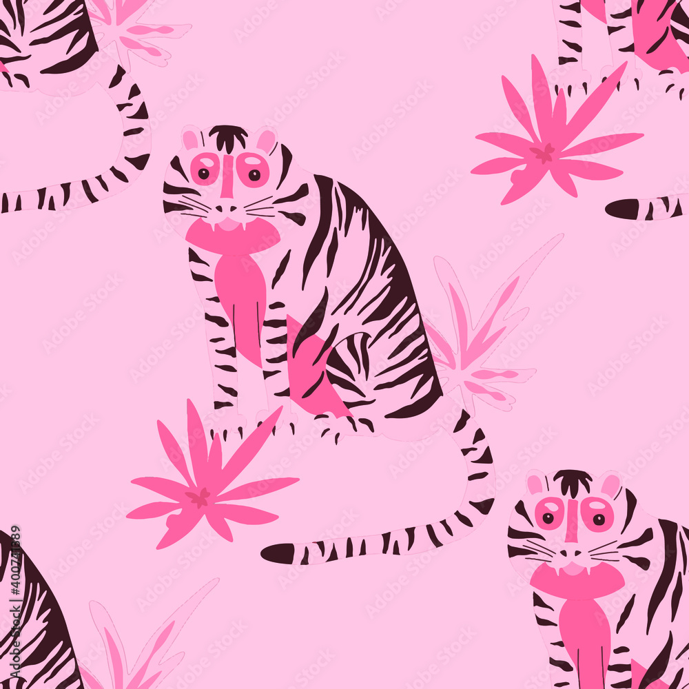 Creative seamless pattern with tiger in tropical forest. Bright summer print for any purposes. Trendy style.	