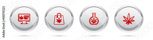 Set line Online buying marijuana, Shopping bag of, Test tube with and Marijuana or cannabis leaf. Silver circle button. Vector.