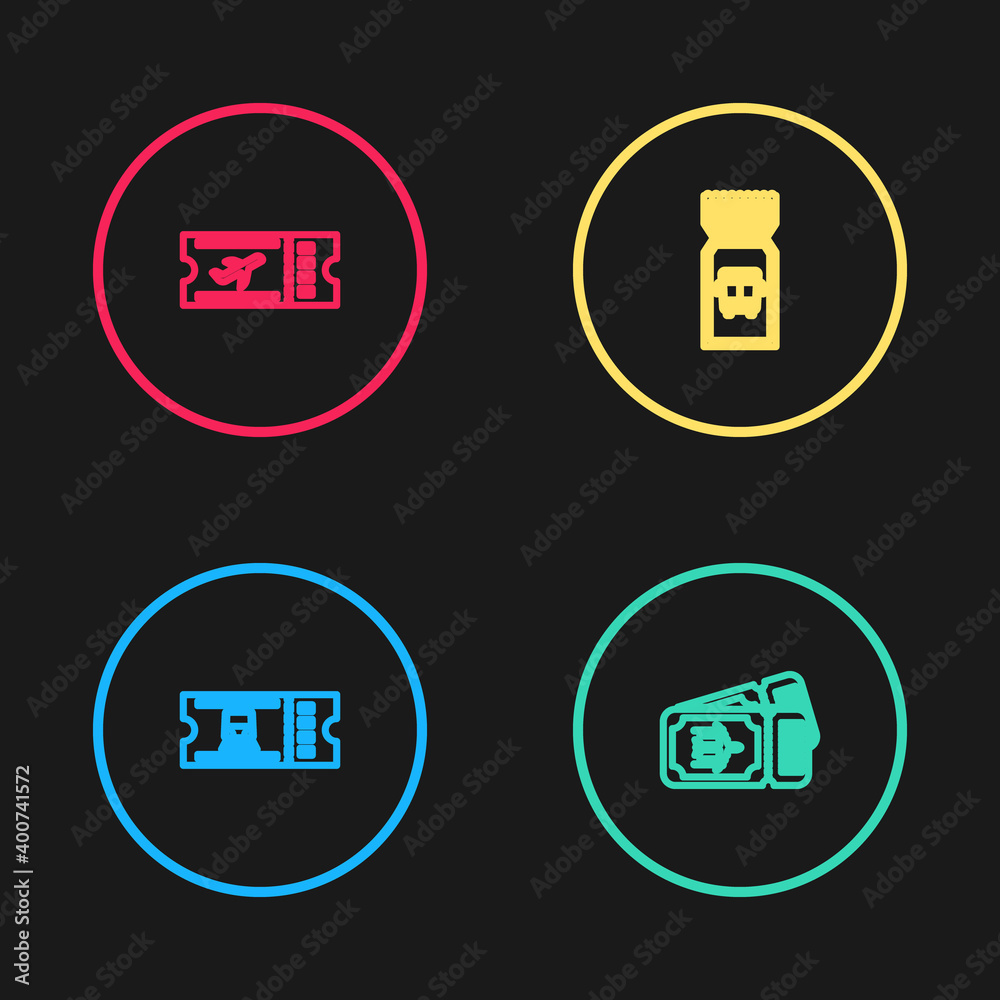 Set line Train ticket, Airline, Bus and icon. Vector.