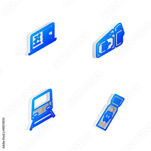 Set Isometric line Airline ticket, Laptop with, Train and Bus icon. Vector. © vector_v