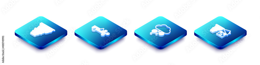 Set Isometric line Tornado, Wind and rain, Cloud with snow and swirl icon. Vector. Set Isometric line Tornado, Wind and rain, Cloud with snow and swirl icon. Vector.