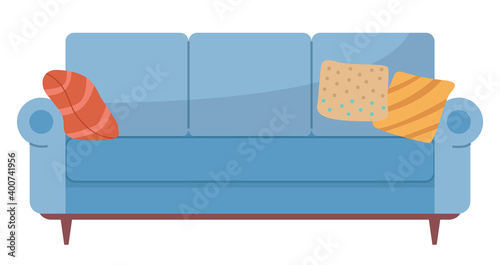 Soft couch with colorful pillows. Leisure furniture vector illustration. Blue sofa isolated on white background. Arrangement of furniture and layout of premises. Living room interior design element
