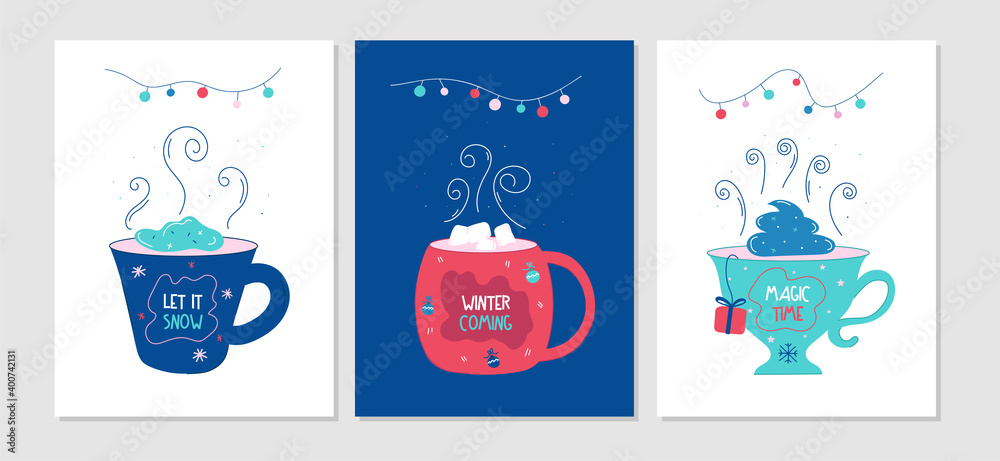 Set of postcards - elegant cups with beautiful inscriptions. Cozy flat cartoon holiday illustration. Happy New Year And Merry Christmas cards Set of postcards - elegant cups with beautiful inscriptions. Cozy flat cartoon holiday illustration. Happy New Year And Merry Christmas cards