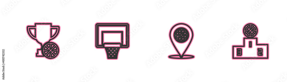 Set line Award cup with basketball ball, Location, Basketball backboard and Sports winner podium icon. Vector.