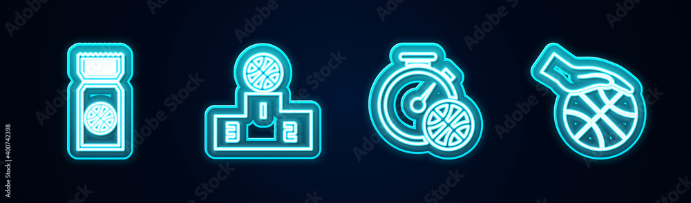 Set line Basketball game ticket, Sports winner podium, Stopwatch with basketball and Hand. Glowing neon icon. Vector. Set line Basketball game ticket, Sports winner podium, Stopwatch with basketball and Hand. Glowing neon icon. Vector.