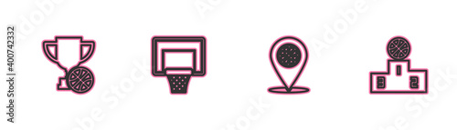 Set line Award cup with basketball ball, Location, Basketball backboard and Sports winner podium icon. Vector.