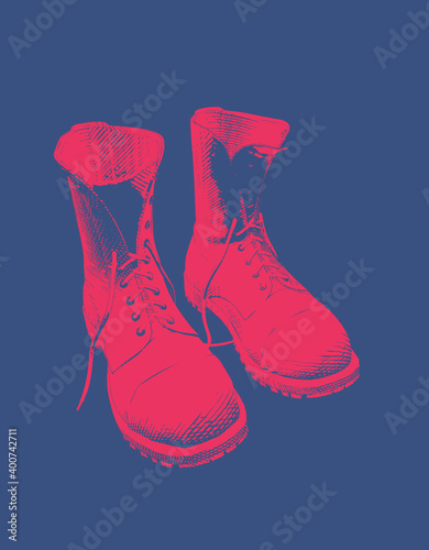 Red boots shoe vintage glyph drawing isolated on blue BG