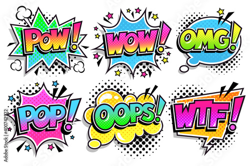 Set of comic speech bubbles with text Pow, Wow, Omg, Pop, Oops, Wtf. All bubbles on separate layers. Pop art vector illustration isolated on white background.