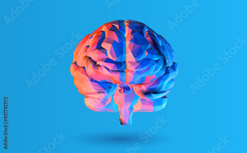 Low poly brain frontal illustration isolated on blue BG
