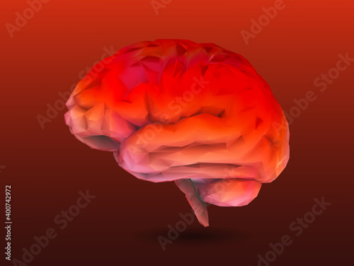 Low poly orange brain vector illustration on red BG