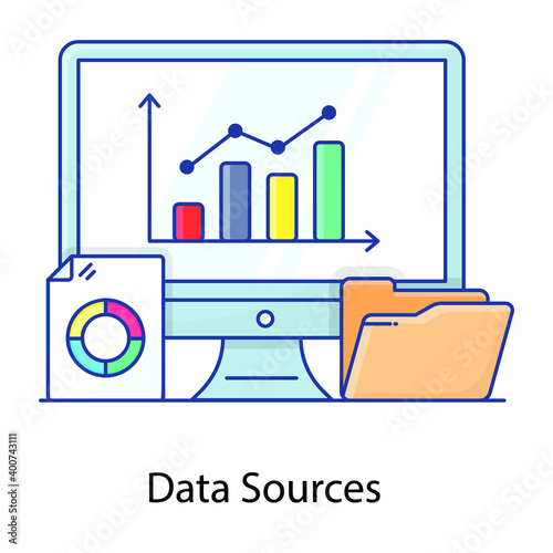 
Data sources flat outline concept icon which provides original form of data
