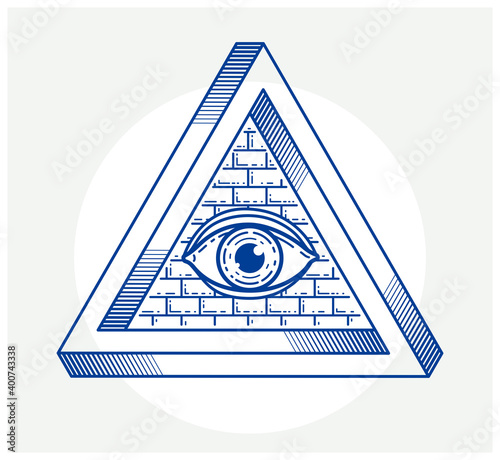 All seeing eye of god in sacred geometry triangle, masonry and illuminati symbol, vector logo or emblem design element.