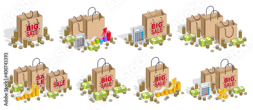 Shop retail sale vector 3D illustrations set isolated on white background, shopping bags with money and other elements, store discount, Black Friday concept, clearance.