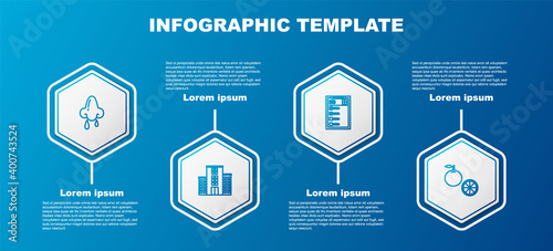 Set line Runny nose, Medical hospital building, Clinical record and Orange fruit. Business infographic template. Vector.